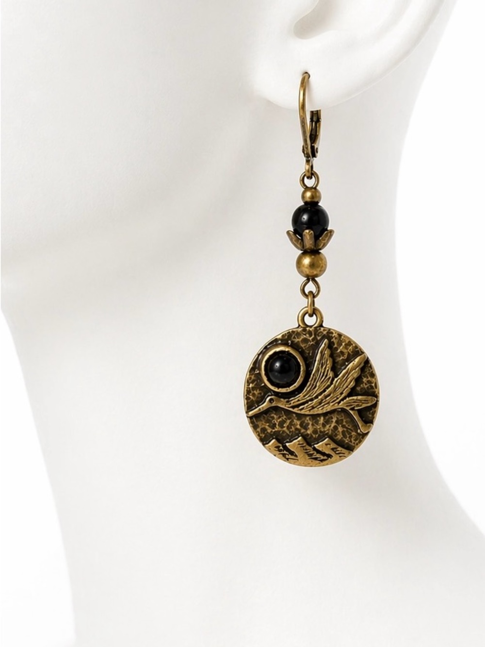 Antique Bronze Bird Earrings Black Stone Dangle Boho Lightweight - Picture 6 of 9